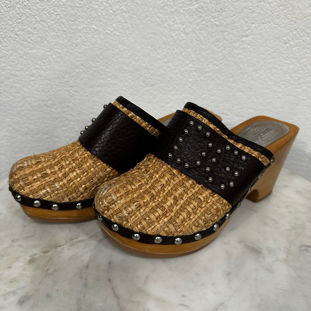 Dolce & Gabbana, VINTAGE , Rafia w/ Leather, Logo & Wood Platform Clogs, Sz  36 - Picture 4 of 13